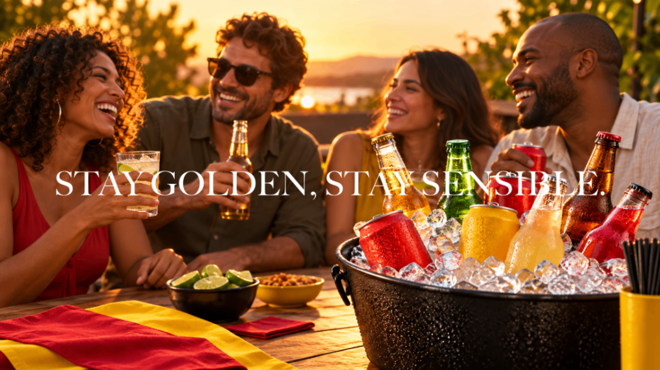 Four adults toasting outdoors at sunset, with chilled drinks in a bucket of ice, with the phrase 'STAY GOLDEN, STAY SENSIBLE.' over the image.