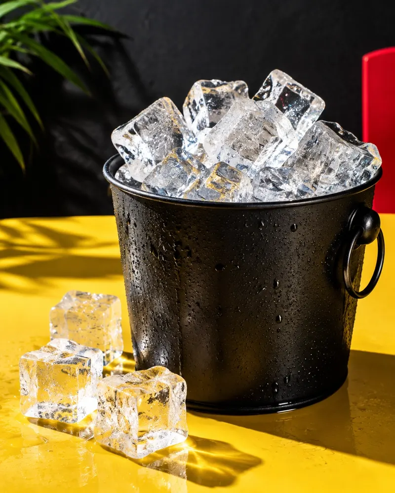 Cubos de gelo transparente em um balde preto sobre uma mesa amarela, com gotas de condensação